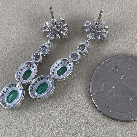 White Gold Plated 925 Sterling Silver Earrings Natural Unheated Green Emeralds - Picture 5 of 6